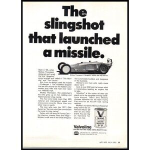 1972 Valvoline Motor Oil Vintage Print Ad Mickey Thompson Slingshot Wall Art